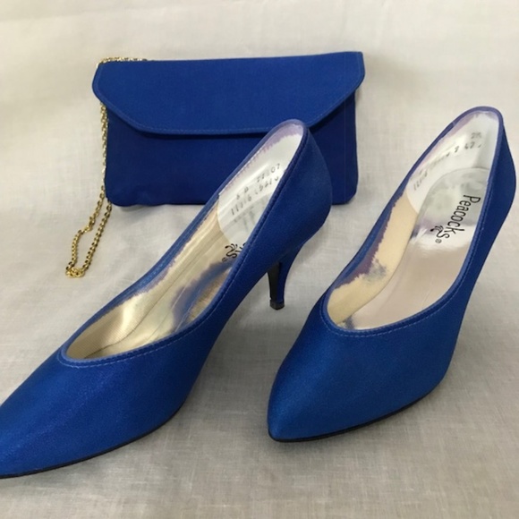 Peacock Shoes - Vintage Set Of Blue Heels Size 8 & Matching Purse